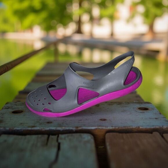 Toddlers Crocs Swiftwater Wave Gray Pink Comfort Sandal Mary Jane Size 10 - Picture 1 of 7